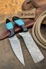 Load image into Gallery viewer, Handmade Damascus Skinner 7”–8” Knife Set Cowboy Ranch Blades Turquoise Handle with Sheath