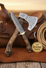 Load image into Gallery viewer, Wolf Head Damascus Bowie Knife with Matching Celtic Tomahawk Axe