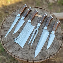 Load image into Gallery viewer, 6-Piece Rasp Steel Kitchen Knife Set with Carving Fork — Natural Wood Red Spacer Handles, Steel Bolsters, 7 to 13 Inch