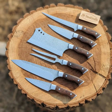Load image into Gallery viewer, 6-Piece Rasp Steel Kitchen Knife Set with Carving Fork — Natural Wood Red Spacer Handles, Steel Bolsters, 7 to 13 Inch