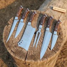 Load image into Gallery viewer, 6-Piece Rasp Steel Kitchen Knife Set with Carving Fork — Natural Wood Red Spacer Handles, Steel Bolsters, 7 to 13 Inch