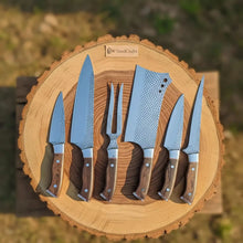Load image into Gallery viewer, 6-Piece Rasp Steel Kitchen Knife Set with Carving Fork — Natural Wood Red Spacer Handles, Steel Bolsters, 7 to 13 Inch