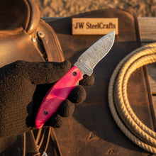Load image into Gallery viewer, Persian Damascus Folding Knife Set 7” opened Pink &amp; Blue Pakka Wood EDC Blades
