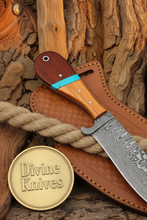 Load image into Gallery viewer, Turquoise Ridge Damascus Bull Cutter with Dual Tone Wood Handle