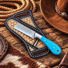 Load image into Gallery viewer, Custom Handmade Horse Rasp Stainless Steel 3-Inch Western Bull Cutter with Turquoise Stone Handle &amp; Leather Sheath