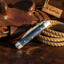 Load image into Gallery viewer, Custom Damascus Trapper Folding Knife – Blue Pakka Wood