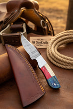 Load image into Gallery viewer, Damascus Camping Knife Fixed Blade USA Flag Resin Handle Outdoor Utility Knife with Sheath