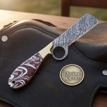Load image into Gallery viewer, Twist Pattern Bull Cutter Knife with Red Marbled Resin Handle for Ranch Work and Collecting