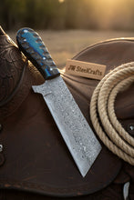 Load image into Gallery viewer, Western Bull Cutter 7” Knife – Damascus Ranch Blade with Blue Stabilized Handle &amp; Sheath