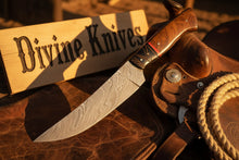 Load image into Gallery viewer, Brown Wood Damascus Knife Accented with a Bold Red Band