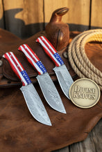 Load image into Gallery viewer, Damascus Skinner Knife Set with American Flag Handles (Set of 3)