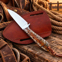 Load image into Gallery viewer, Handmade D2 Cowboy Knife with Mirror Finish Blade, White Pinecone Handle &amp; Western Pancake Leather Sheath