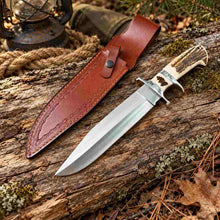 Load image into Gallery viewer, Handmade High-Grade Steel Hunting Knife with Stag Horn Handle and Leather Sheath