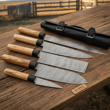Load image into Gallery viewer, Handmade Damascus Steel Kitchen Knife Set, 5 Piece Chef Knife Set with Olive Wood Handles and Leather Roll, Professional Cooking Knife Set JW SteelCrafts