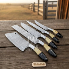 Load image into Gallery viewer, 5-Piece Handmade Damascus Chef Knife Set with Wood and Resin Handles