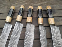 Load image into Gallery viewer, 5-Piece Handmade Chef Knife Set — Pattern-Welded Damascus Blades with Olive Wood &amp; Black Resin Handles (Full Tang) — JW SteelCrafts