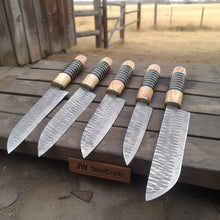 Load image into Gallery viewer, 5-Piece Handmade Chef Knife Set — Pattern-Welded Damascus Blades with Olive Wood &amp; Black Resin Handles (Full Tang) — JW SteelCrafts