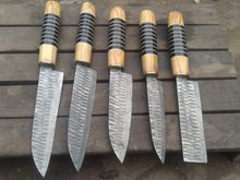 Load image into Gallery viewer, 5-Piece Handmade Chef Knife Set — Pattern-Welded Damascus Blades with Olive Wood &amp; Black Resin Handles (Full Tang) — JW SteelCrafts