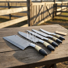 Load image into Gallery viewer, 5-Piece Handmade Kitchen Knife Set — Damascus Steel Blades with Natural Wood &amp; Black Resin Handles (Professional Prep Set)