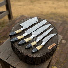 Load image into Gallery viewer, 5-Piece Handmade Kitchen Knife Set — Damascus Steel Blades with Natural Wood &amp; Black Resin Handles (Professional Prep Set)