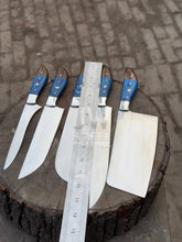 Load image into Gallery viewer, 5-Piece Handmade Kitchen Knife Set — Polished Stainless Blades with Blue Pakka Wood Handles (Chef + Cleaver Prep Set)