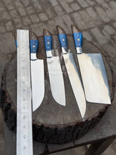 Load image into Gallery viewer, 5-Piece Handmade Kitchen Knife Set — Polished Stainless Blades with Blue Pakka Wood Handles (Chef + Cleaver Prep Set)