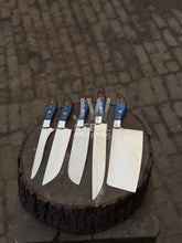 Load image into Gallery viewer, 5-Piece Handmade Kitchen Knife Set — Polished Stainless Blades with Blue Pakka Wood Handles (Chef + Cleaver Prep Set)