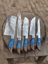 Load image into Gallery viewer, 5-Piece Handmade Kitchen Knife Set — Polished Stainless Blades with Blue Pakka Wood Handles (Chef + Cleaver Prep Set)