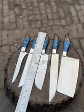 Load image into Gallery viewer, 5-Piece Handmade Kitchen Knife Set — Polished Stainless Blades with Blue Pakka Wood Handles (Chef + Cleaver Prep Set)