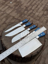 Load image into Gallery viewer, 5-Piece Handmade Kitchen Knife Set — Polished Stainless Blades with Blue Pakka Wood Handles (Chef + Cleaver Prep Set)