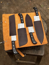 Load image into Gallery viewer, 5-Piece Stainless Steel Chef Knife Set with Leather Roll | Ebony Wood Handle Knives