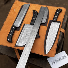 Load image into Gallery viewer, 5-Piece Stainless Steel Chef Knife Set with Leather Roll | Ebony Wood Handle Knives