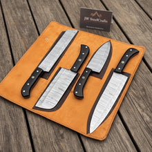 Load image into Gallery viewer, 5-Piece Stainless Steel Chef Knife Set with Leather Roll | Ebony Wood Handle Knives