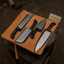 Load image into Gallery viewer, 5-Piece Stainless Steel Chef Knife Set with Leather Roll | Ebony Wood Handle Knives