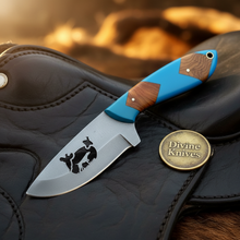 Load image into Gallery viewer, Cattle Engraved Drop Point Knife with Blue Resin &amp; Wood Inlay for Field Dressing Tasks
