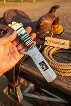 Load image into Gallery viewer, Damascus Bull Cutter Knife Multi-Color Rainbow Resin Handle, Christian Cross Blade Engraving, Steel Bolster &amp; Lanyard Hole