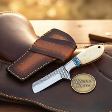 Load image into Gallery viewer, Turquoise &amp; Bone Rasp Bull Cutter Knife with Tooled Leather Sheath
