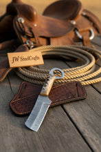 Load image into Gallery viewer, Finger Loop Prairie Bull Cutter 6.5" Handmade Damascus Steel Leather Crossdraw