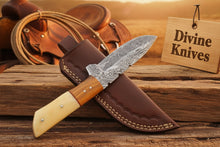 Load image into Gallery viewer, Bone and Wood Accent Damascus Knife Built for Field Dressing