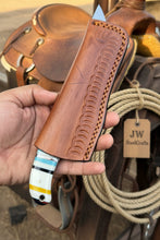 Load image into Gallery viewer, Damascus Bull Cutter Knife Multi-Color Rainbow Resin Handle, Christian Cross Blade Engraving, Steel Bolster &amp; Lanyard Hole