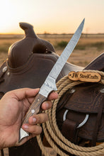 Load image into Gallery viewer, Handmade 13 Inch Overall Damascus Steel Fillet Knife –  Full Tang Fishing Knife with Hardwood Handle and Leather Sheath.
