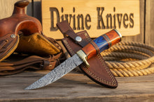 Load image into Gallery viewer, Multi Color Wood Damascus Knife with Brass Bolster Detailing