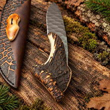 Load image into Gallery viewer, Handmade Hammered D2 Hunting Knife with Stag Antler Handle and Leather Sheath