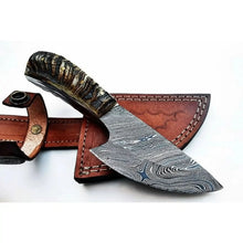Load image into Gallery viewer, 6 Inch Damascus Steel Skinner Knife with Ram Horn Handle and Leather Sheath