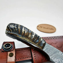 Load image into Gallery viewer, 6 Inch Damascus Steel Skinner Knife with Ram Horn Handle and Leather Sheath