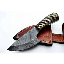 Load image into Gallery viewer, 6 Inch Damascus Steel Skinner Knife with Ram Horn Handle and Leather Sheath