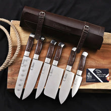 Load image into Gallery viewer, 6-Piece High Carbon Steel Kitchen Knife Set with Leather Roll — Olive Wood Handles, Steel Bolsters, 7 to 12 Inc