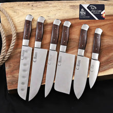 Load image into Gallery viewer, 6-Piece High Carbon Steel Kitchen Knife Set with Leather Roll — Olive Wood Handles, Steel Bolsters, 7 to 12 Inc