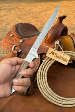 Load image into Gallery viewer, Handmade 13 Inch Overall Damascus Steel Fillet Knife –  Full Tang Fishing Knife with Hardwood Handle and Leather Sheath.