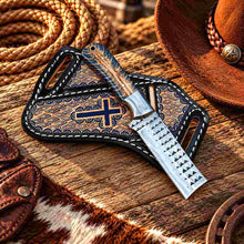 Load image into Gallery viewer, Custom Handmade 6.5-Inch Horse Rasp Stainless Steel Bull Cutter Knife with Resin Pinecone Handle &amp; Leather Sheath